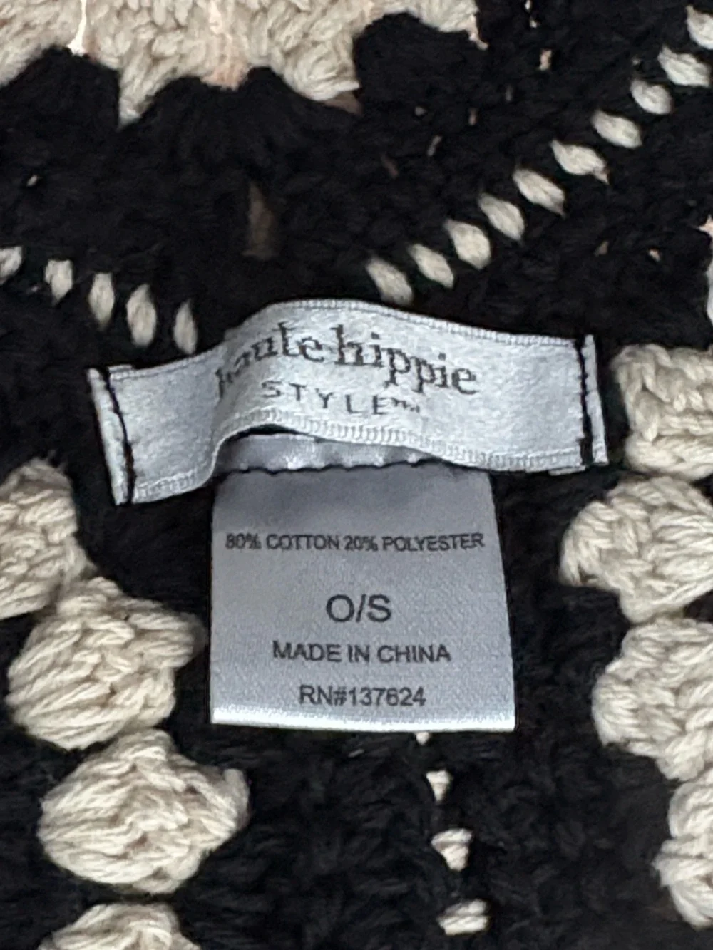 HAUTE HIPPIE BLACK AND WHITE CROCHET GRANNY SQUARE BUCKET HAT